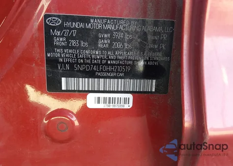 2017 Hyundai Elantra Se z USA, uszkodzony, nr VIN 5NPD74LF0HH210519